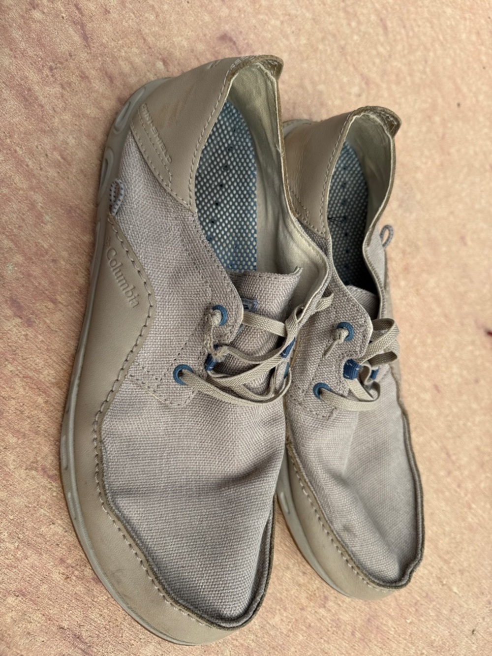 Columbia Men's Tan Canvas Boat Shoes with Blue Eyelets